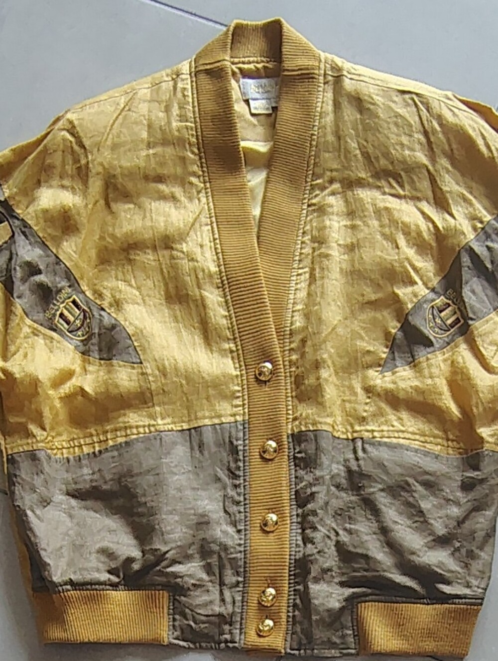 Y2K Bomber Linen Cardigan Jacket Top Belldini Mustard & Taupe Medallion VTG Sz16